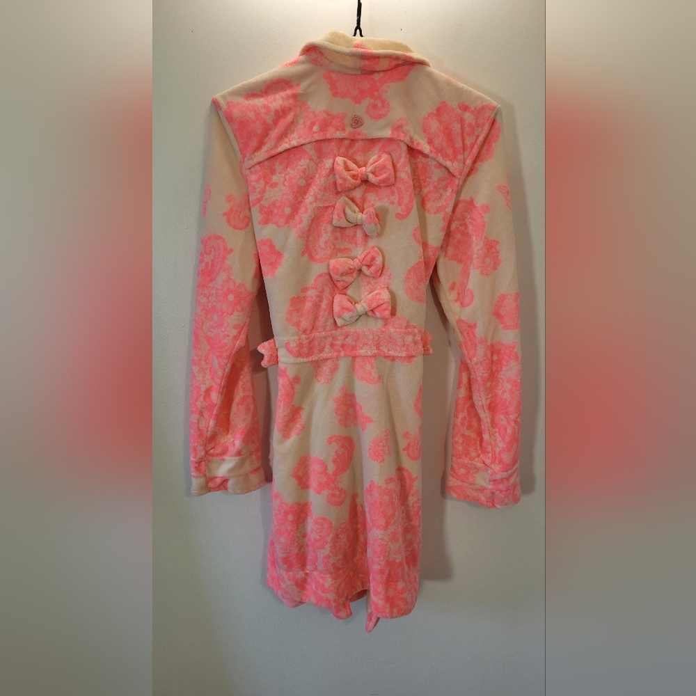 Betsey Johnson Robe Ribbon Bows Neon Pink Cream Floral Robe - Size M - Picture 4 of 9